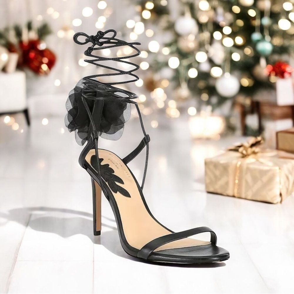Elegant Black Strappy Lace Up Heels with Floral Detail